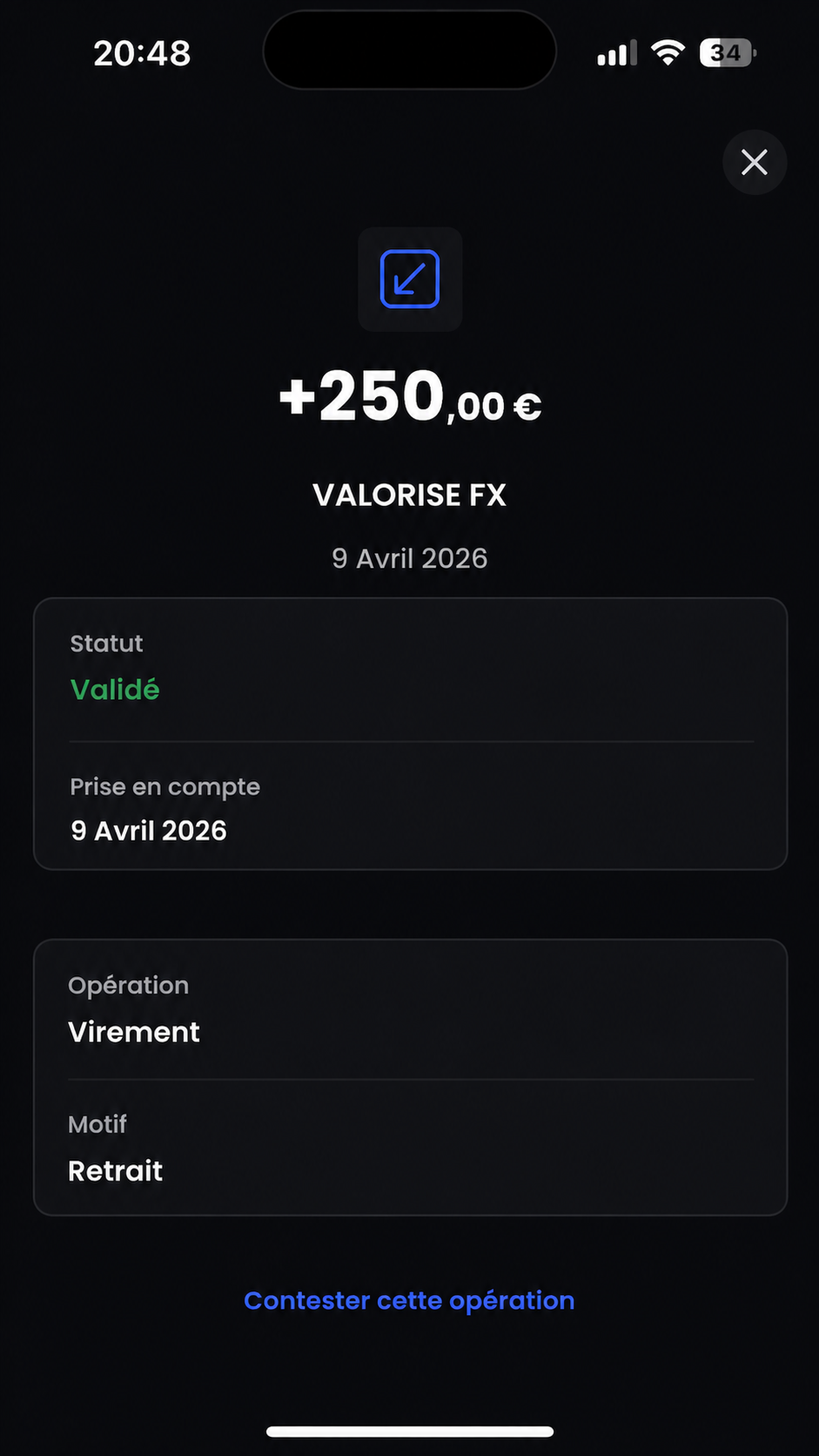 Capture mobile bancaire indiquant la r&eacute;ception des fonds
